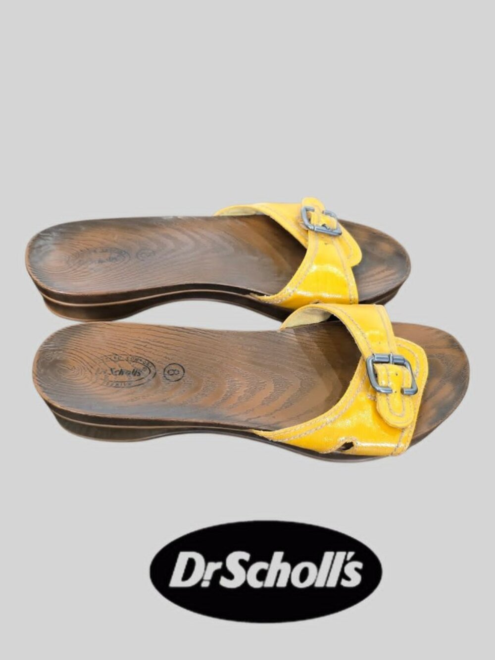 Dr Scholls Faux Wood Footbed Adjustable Strap Yellow Slide Sandals Womens 8
